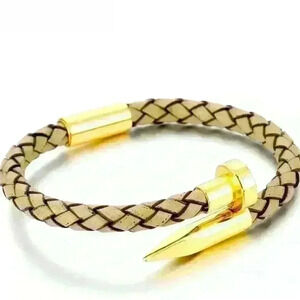 Men’s Braided Leather Nail Cuff Bracelet Khaki & Gold
